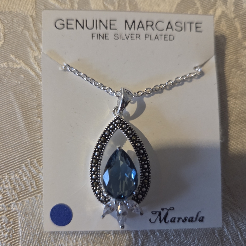 Genuine Marcasite Fine Silver Plated Blue Pendant Necklace